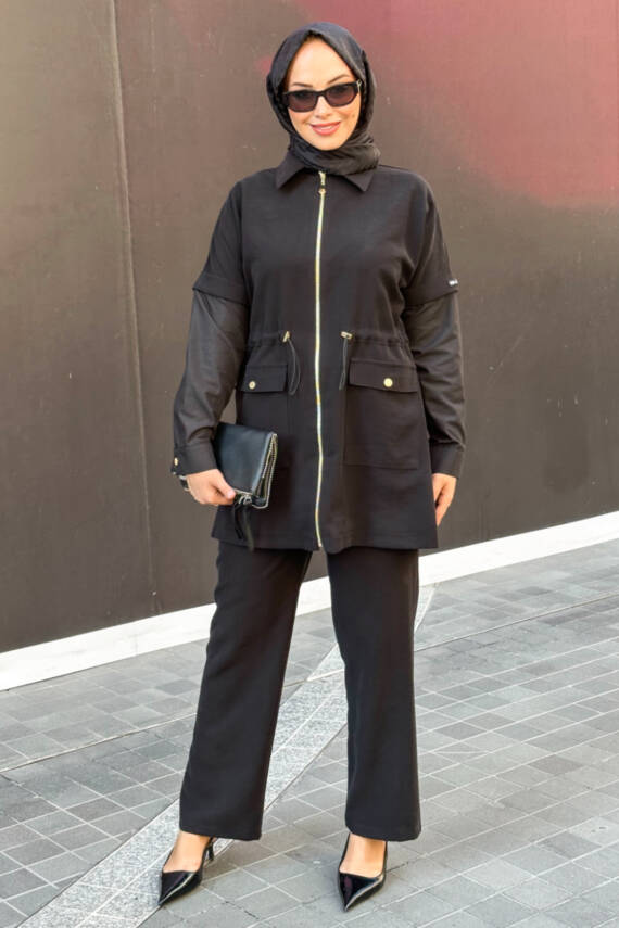 Mahza Modal Kumaş Yeni Sezon Garnili Spor Pantolon Takım 8202 Siyah - 1