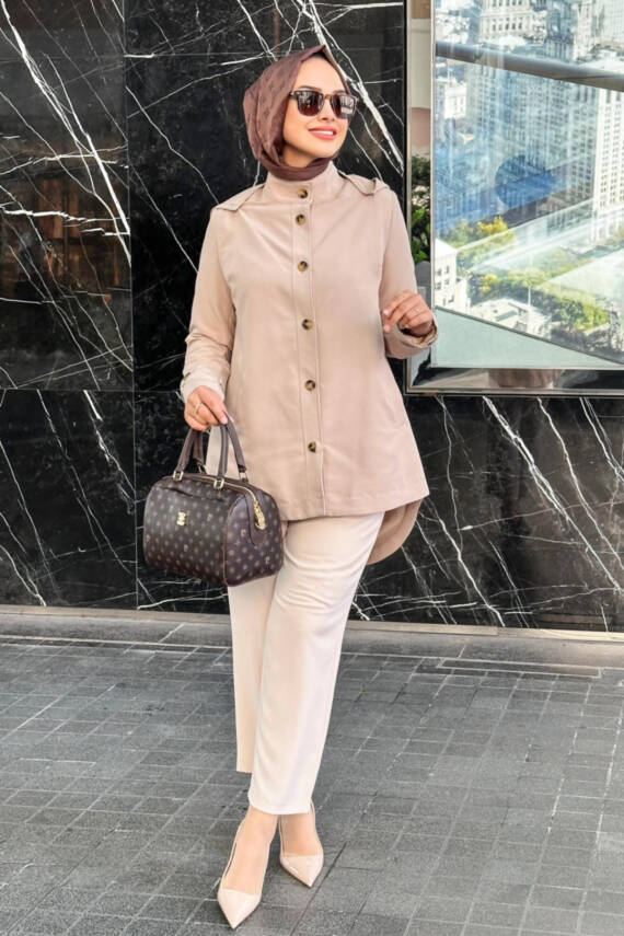Mahza Önden Düğmeli Seyyar Kapüşonlu Astarlı Trençkot 7649 Bej - 1