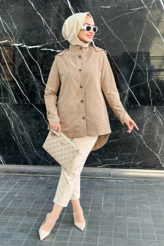 Mahza Önden Düğmeli Seyyar Kapüşonlu Astarlı Trençkot 7649 Camel - 1