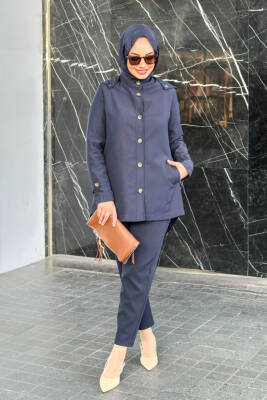 Mahza Önden Düğmeli Seyyar Kapüşonlu Astarlı Trençkot 7649 Lacivert - Nihle