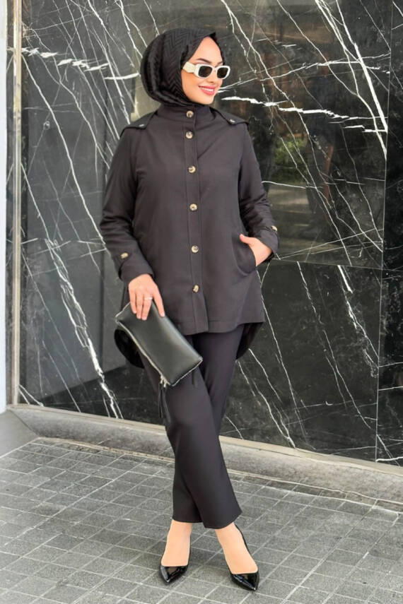 Mahza Önden Düğmeli Seyyar Kapüşonlu Astarlı Trençkot 7649 Siyah - 1