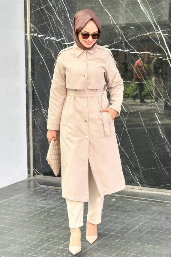 Mahza Rüzgarlıklı Seyyar Kemerli Astarlı Trençkot 7646 Bej - 1