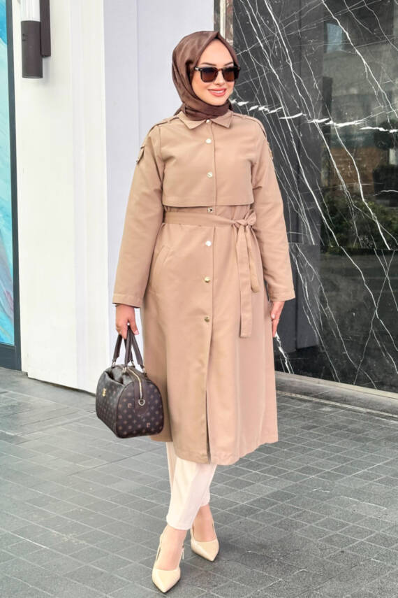Mahza Rüzgarlıklı Seyyar Kemerli Astarlı Trençkot 7646 Camel - 1