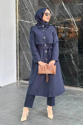 Mahza Rüzgarlıklı Seyyar Kemerli Astarlı Trençkot 7646 Lacivert - Nihle