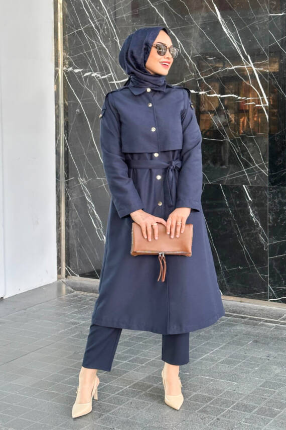 Mahza Rüzgarlıklı Seyyar Kemerli Astarlı Trençkot 7646 Lacivert - 1