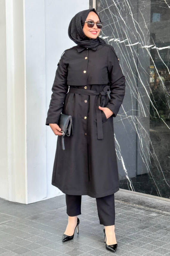 Mahza Rüzgarlıklı Seyyar Kemerli Astarlı Trençkot 7646 Siyah - 1