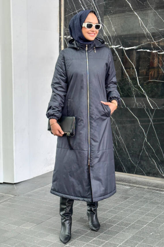 Mahza Su Geçirmez Kumaş Hafif Dokulu Kendinden Desenli Mevsimlik Mont 7653 Lacivert - 1