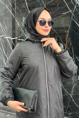 Mahza Su Geçirmez Kumaş Hafif Dokulu Kendinden Desenli Mevsimlik Mont 7653 Siyah - 2