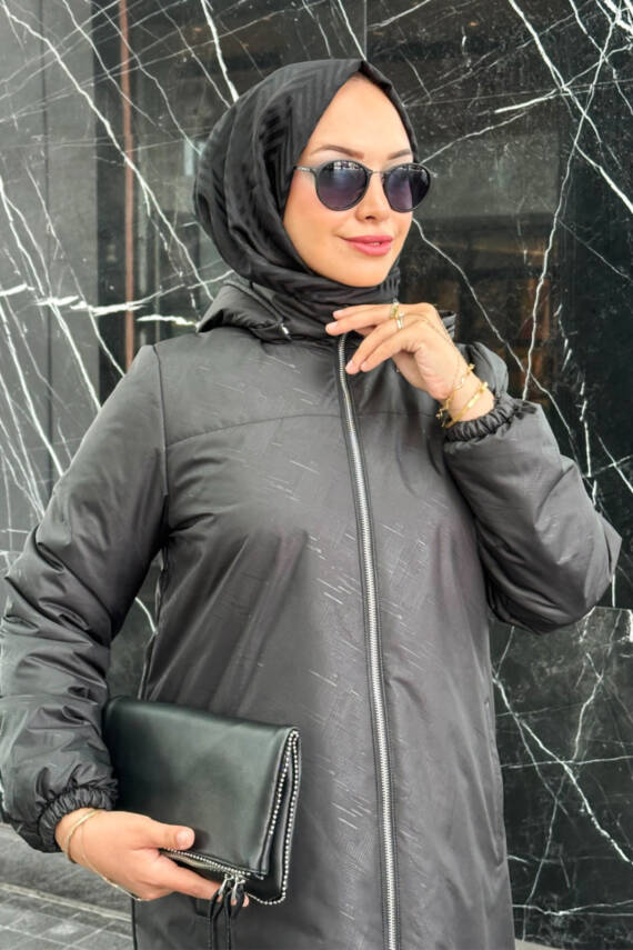 Mahza Su Geçirmez Kumaş Hafif Dokulu Kendinden Desenli Mevsimlik Mont 7653 Siyah - 2