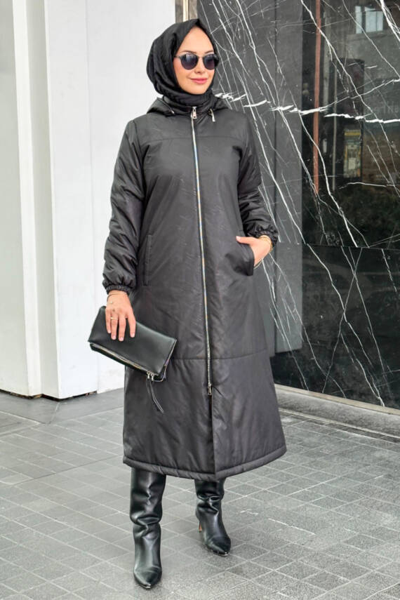 Mahza Su Geçirmez Kumaş Hafif Dokulu Kendinden Desenli Mevsimlik Mont 7653 Siyah - 1