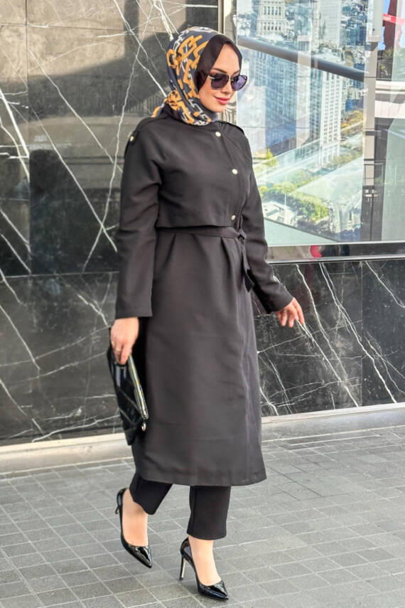 Mahza Yeni Sezon Astarlı 110 cm Trençkot 7648 Siyah - 1