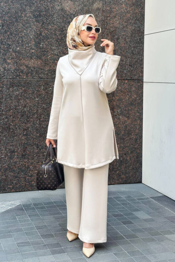 Mahza Yaka Detaylı Oyşo Kumaş Yeni Sezon Pantolon Takım 8200 Bej - 1