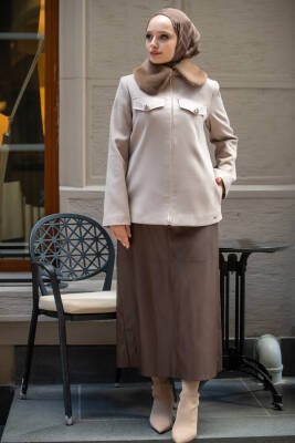  Mahza Yeni Sezon Kaşe Kumaş Yakası Kürklü Astarlı Fermuarlı 65 cm Ceket 7661 Açıkkahve - Nihle