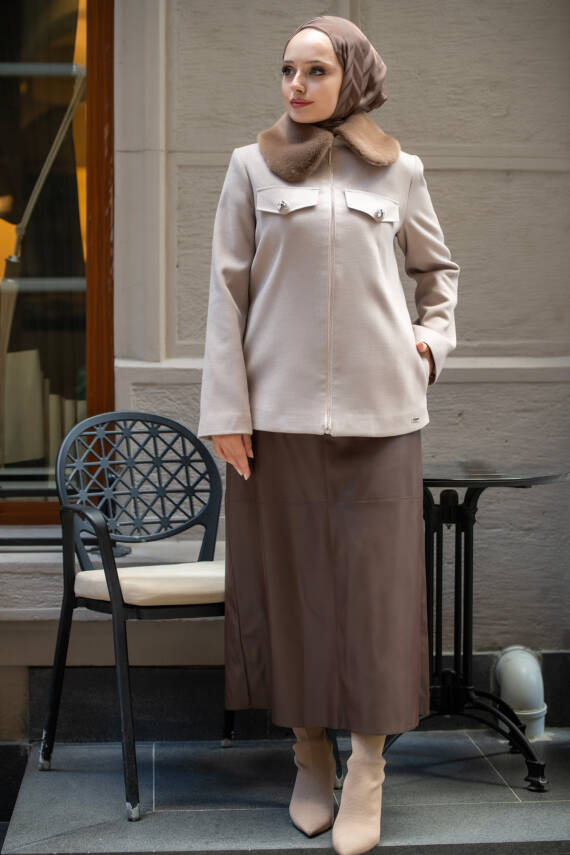  Mahza Yeni Sezon Kaşe Kumaş Yakası Kürklü Astarlı Fermuarlı 65 cm Ceket 7661 Açıkkahve - 1