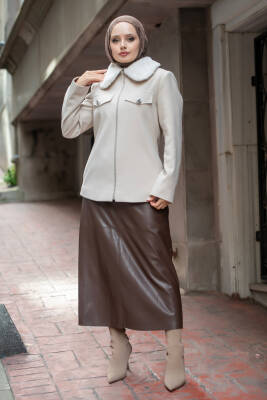 Mahza Yeni Sezon Kaşe Kumaş Astarlı Yakası Kürklü Fermuarlı 65 cm Ceket 7661 Bej - Nihle