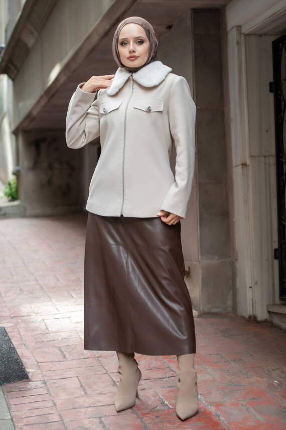 Mahza Yeni Sezon Kaşe Kumaş Astarlı Yakası Kürklü Fermuarlı 65 cm Ceket 7661 Bej - 1