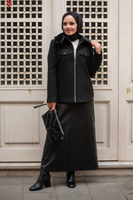 Mahza Yeni Sezon Kaşe Kumaş Astarlı Yakası Kürklü 65 cm Fermuarlı Ceket 7661 Siyah - Nihle