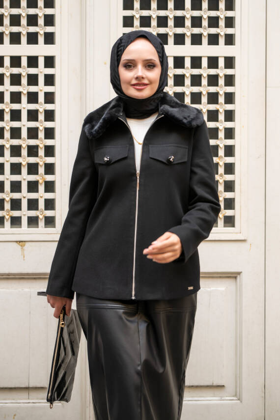 Mahza Yeni Sezon Kaşe Kumaş Astarlı Yakası Kürklü 65 cm Fermuarlı Ceket 7661 Siyah - 2