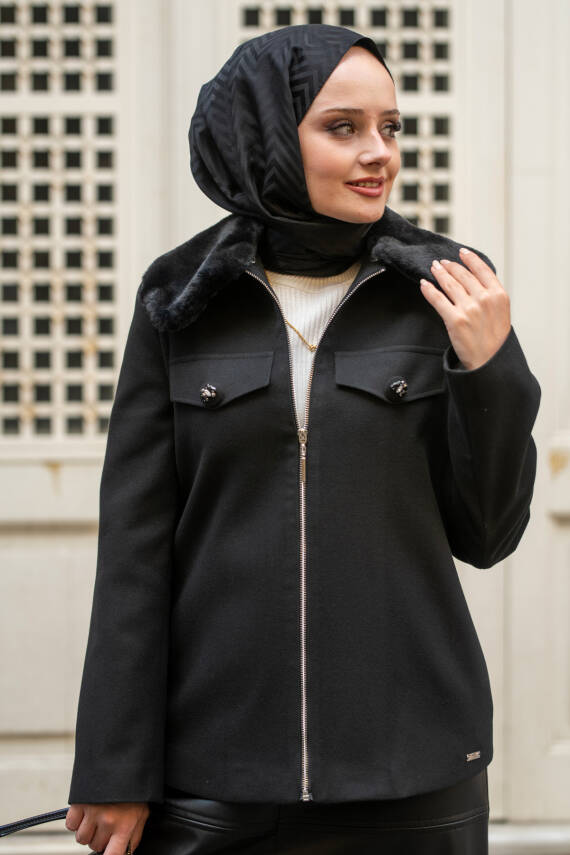 Mahza Yeni Sezon Kaşe Kumaş Astarlı Yakası Kürklü 65 cm Fermuarlı Ceket 7661 Siyah - 3